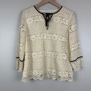 Talbots Top Women L Petite Ivory Crochet Lace Tie Neck Blouse Coquette Romantic